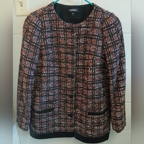 EXPRESS Metallic Plaid Tweed Jacket Blazer - Faux Leather Trim - Black &… - Picture 8 of 10